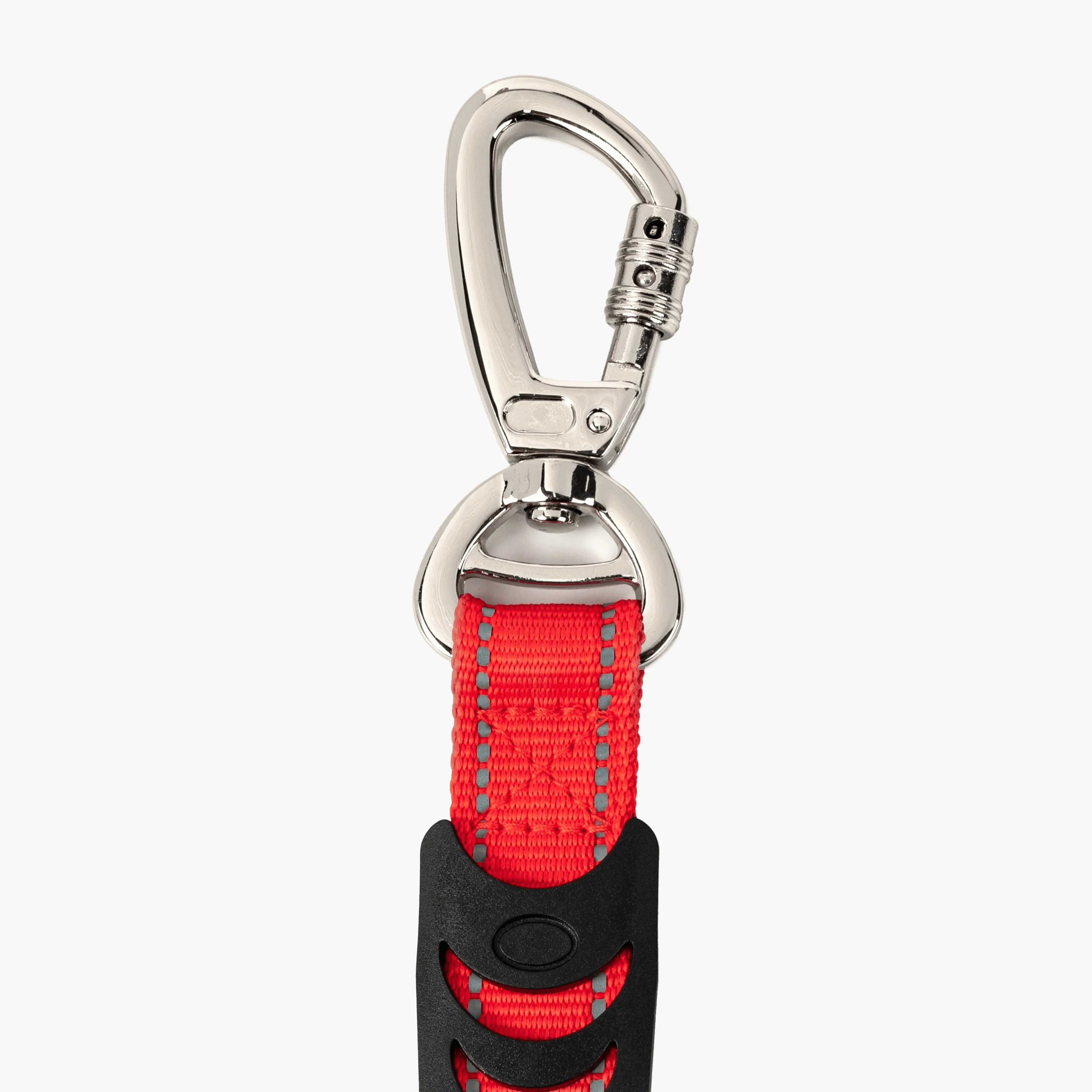 Red dog leash with black and silver hardware on a white background