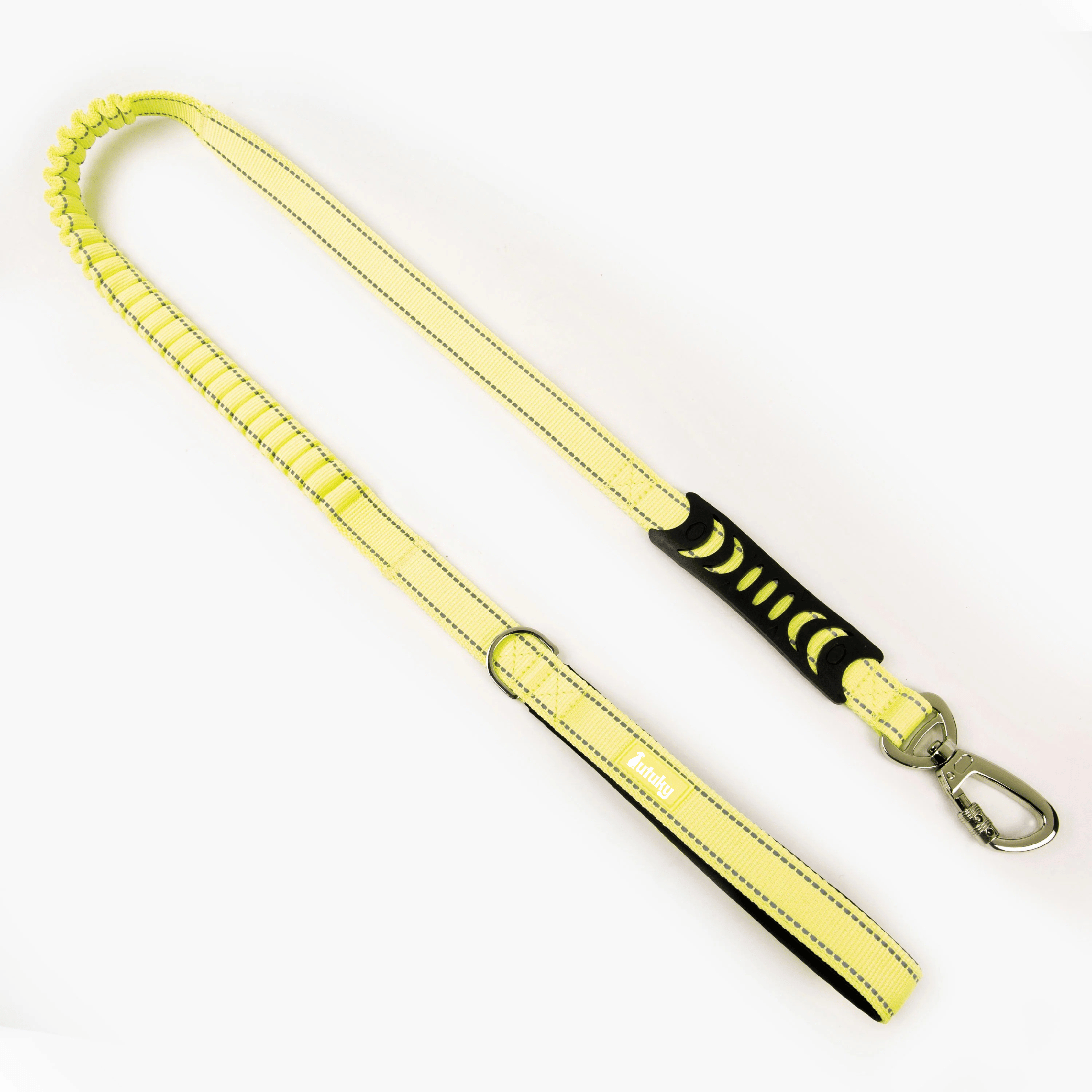 Yellow dog leash with black handle on a white background