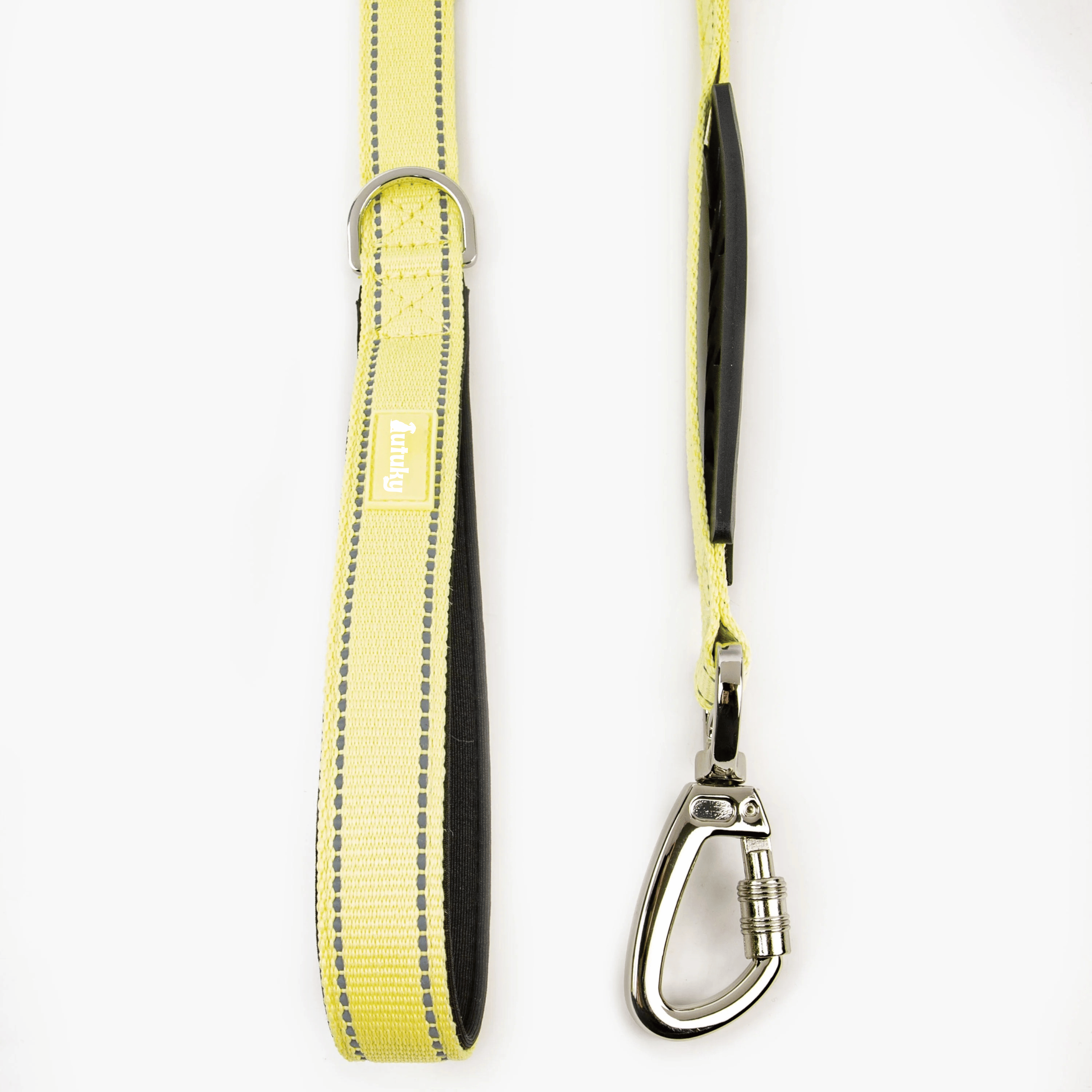 Yellow dog leash with black handle on a white background