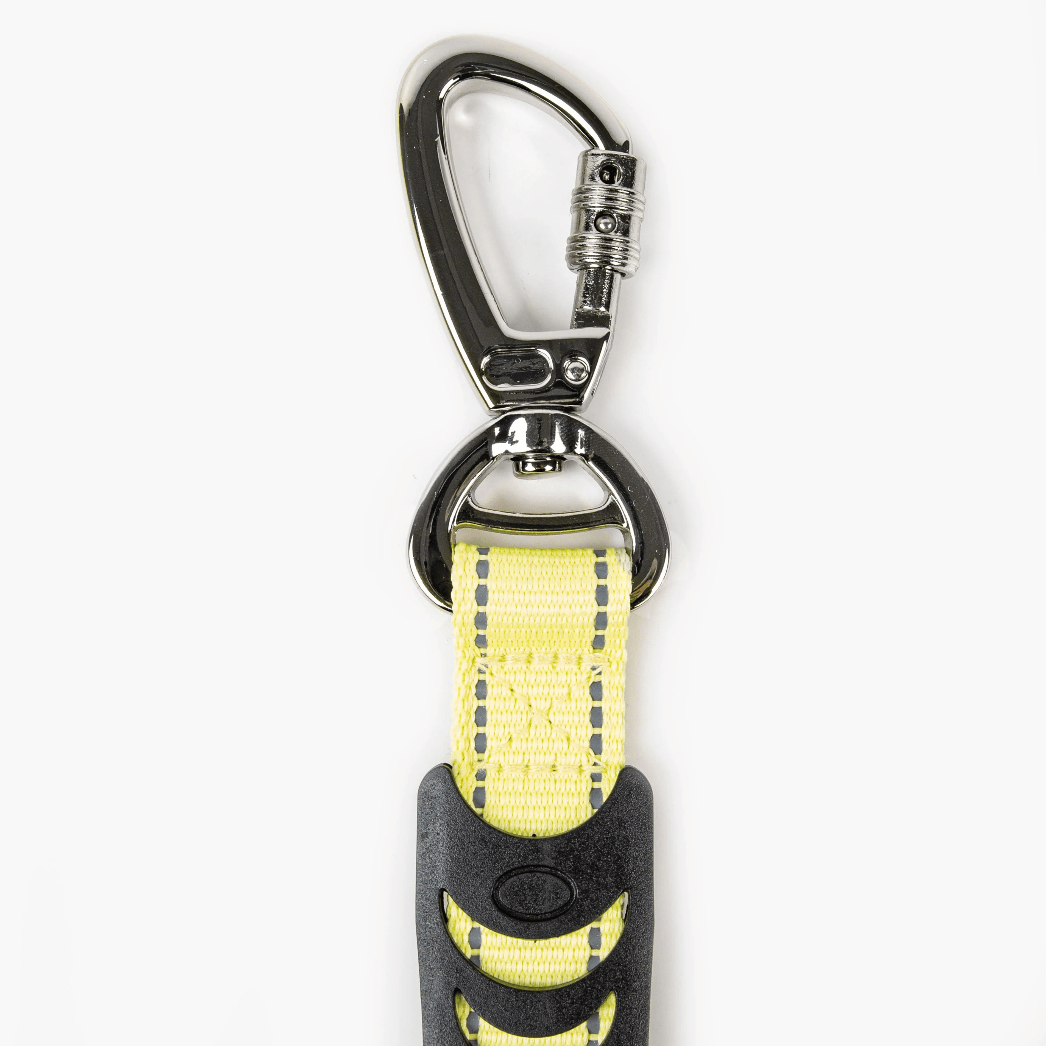 Yellow dog leash with black handle on a white background