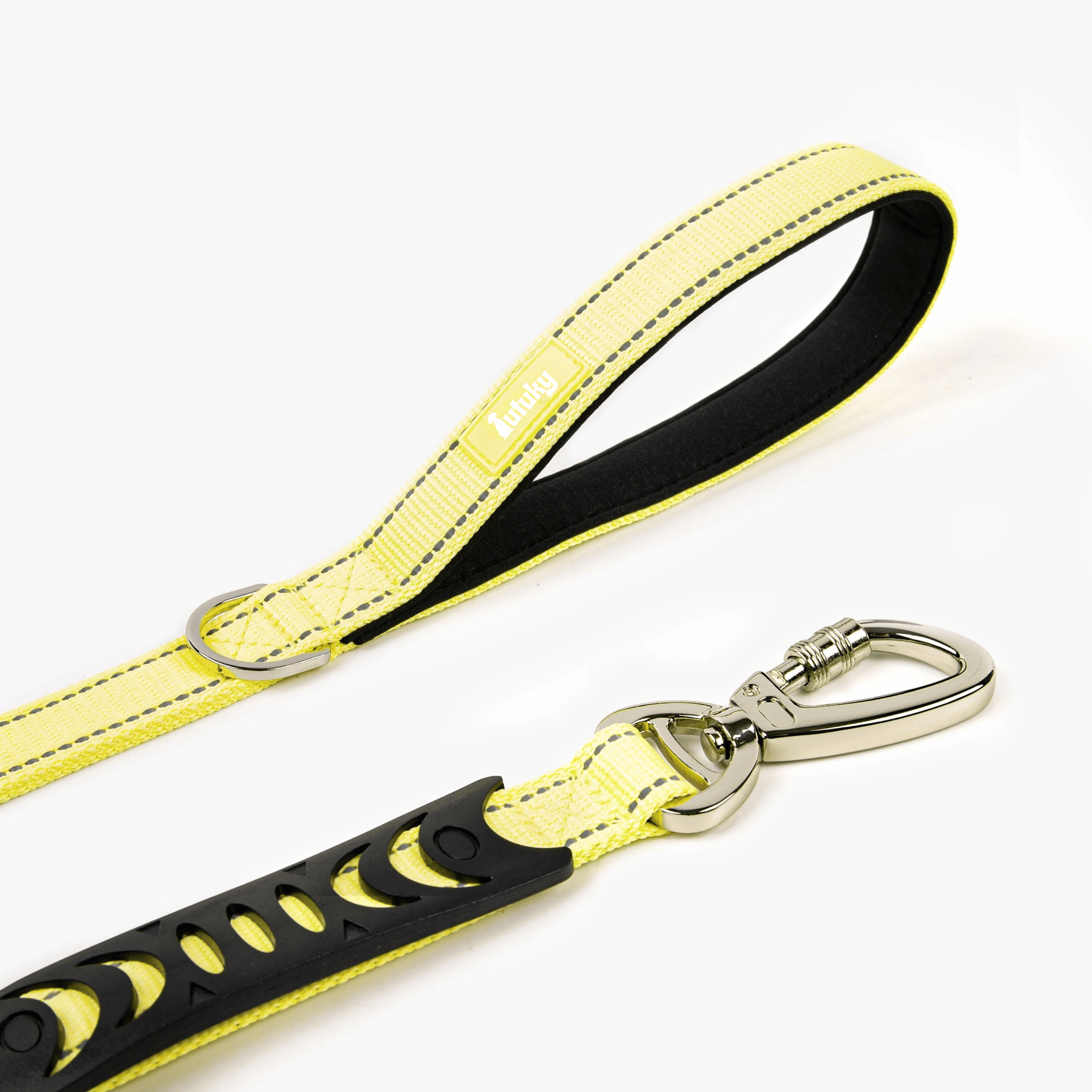 Yellow dog leash with black handle on a white background