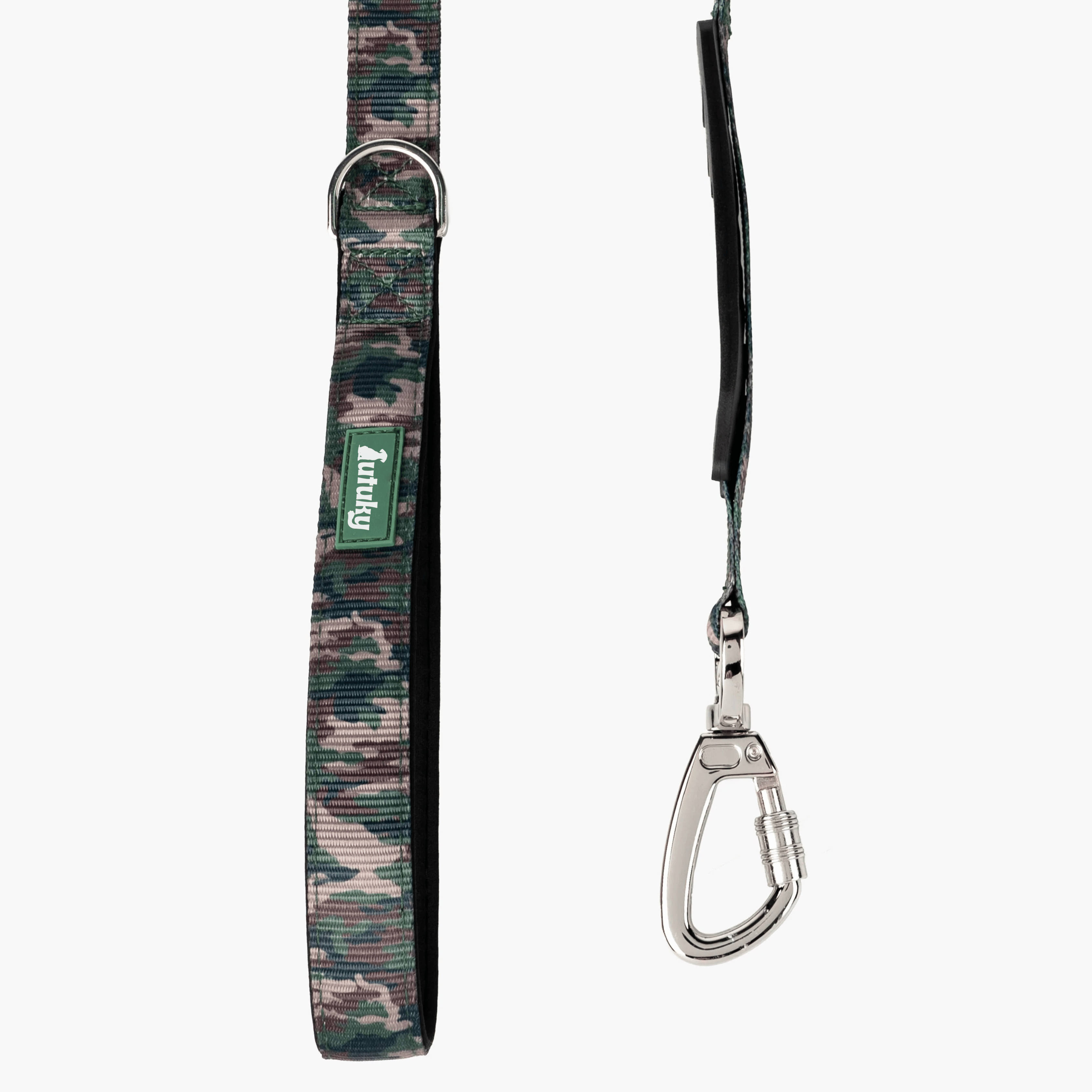 Camo-patterned dog leash with a metal clip on a white background