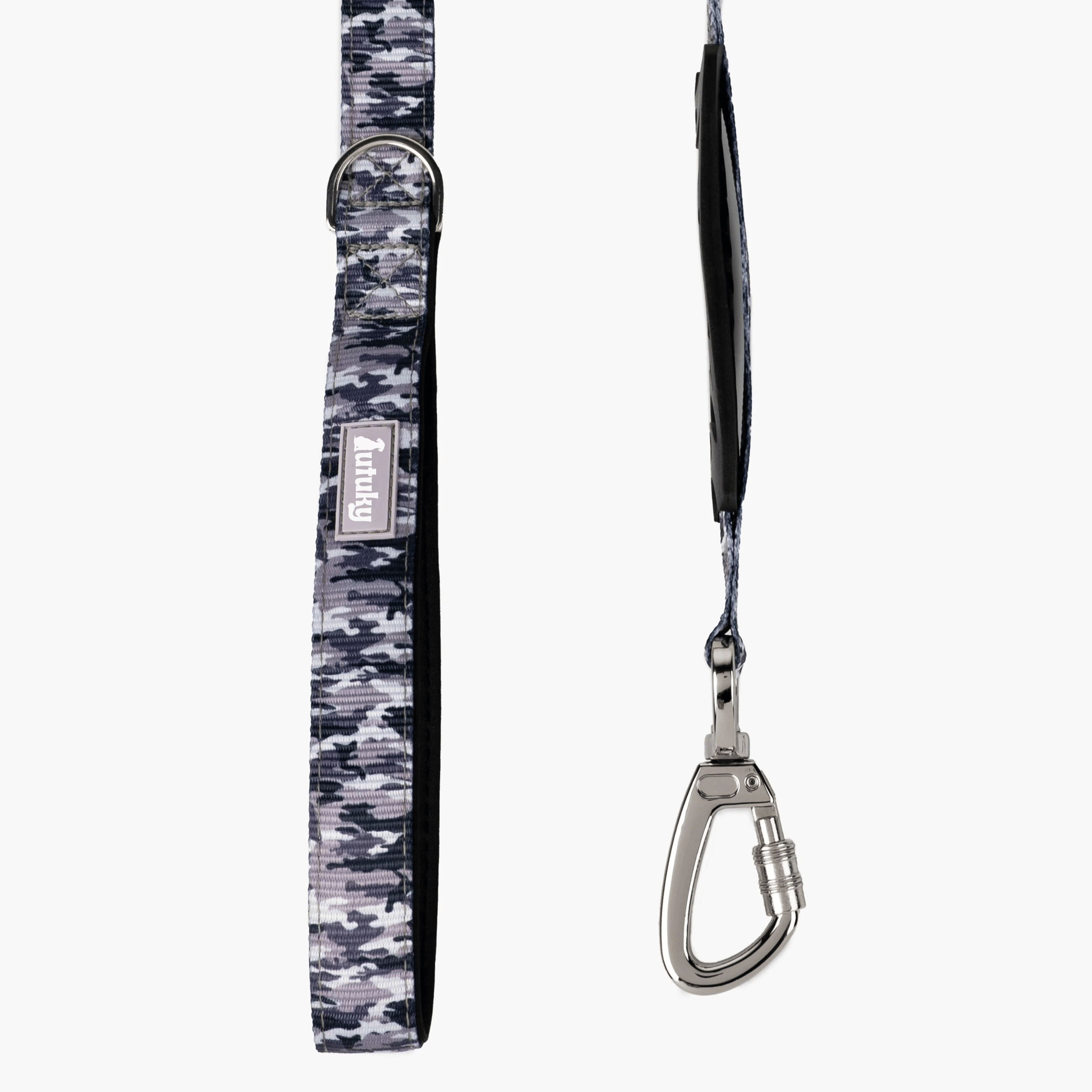 Dog leash with camouflage pattern and metal clip on a white background
