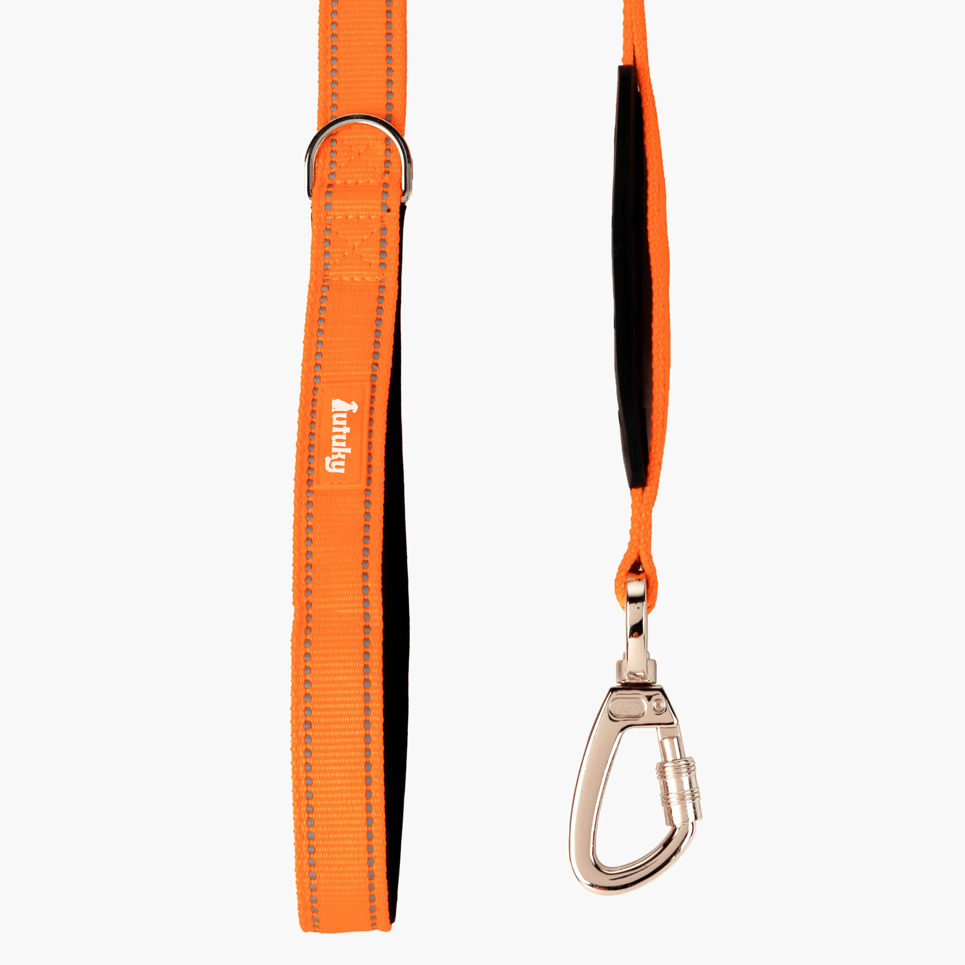 Orange dog leash with a black and orange handle on a white background
