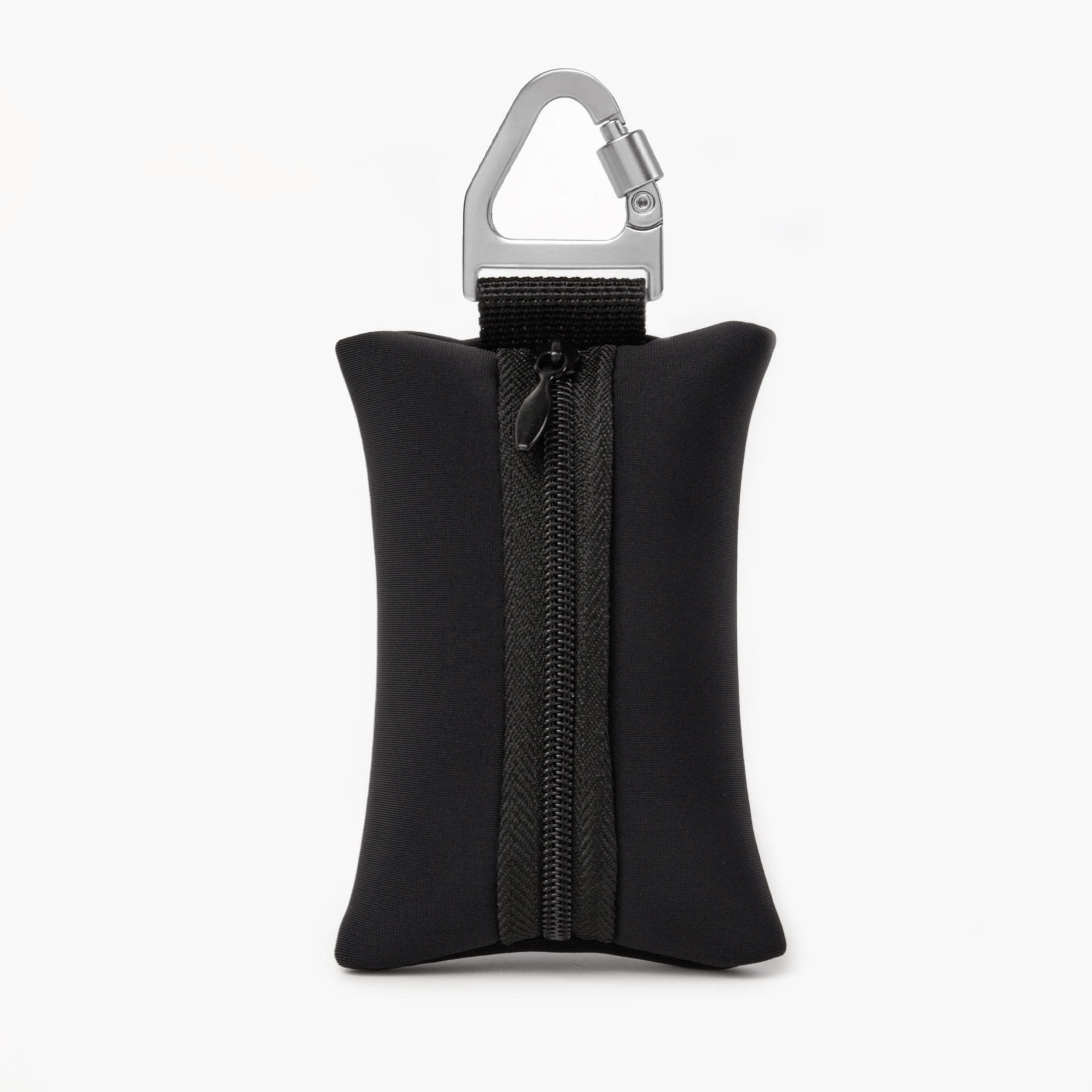 Compact black dog poop bag holder with carabiner, ideal for clean and stress-free walks.