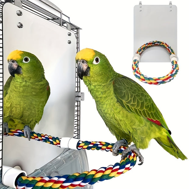 Bird Mirror Toy with Cotton Rope – Perfect Parrot Chewing Toy and Cage Accessory - Tutuky