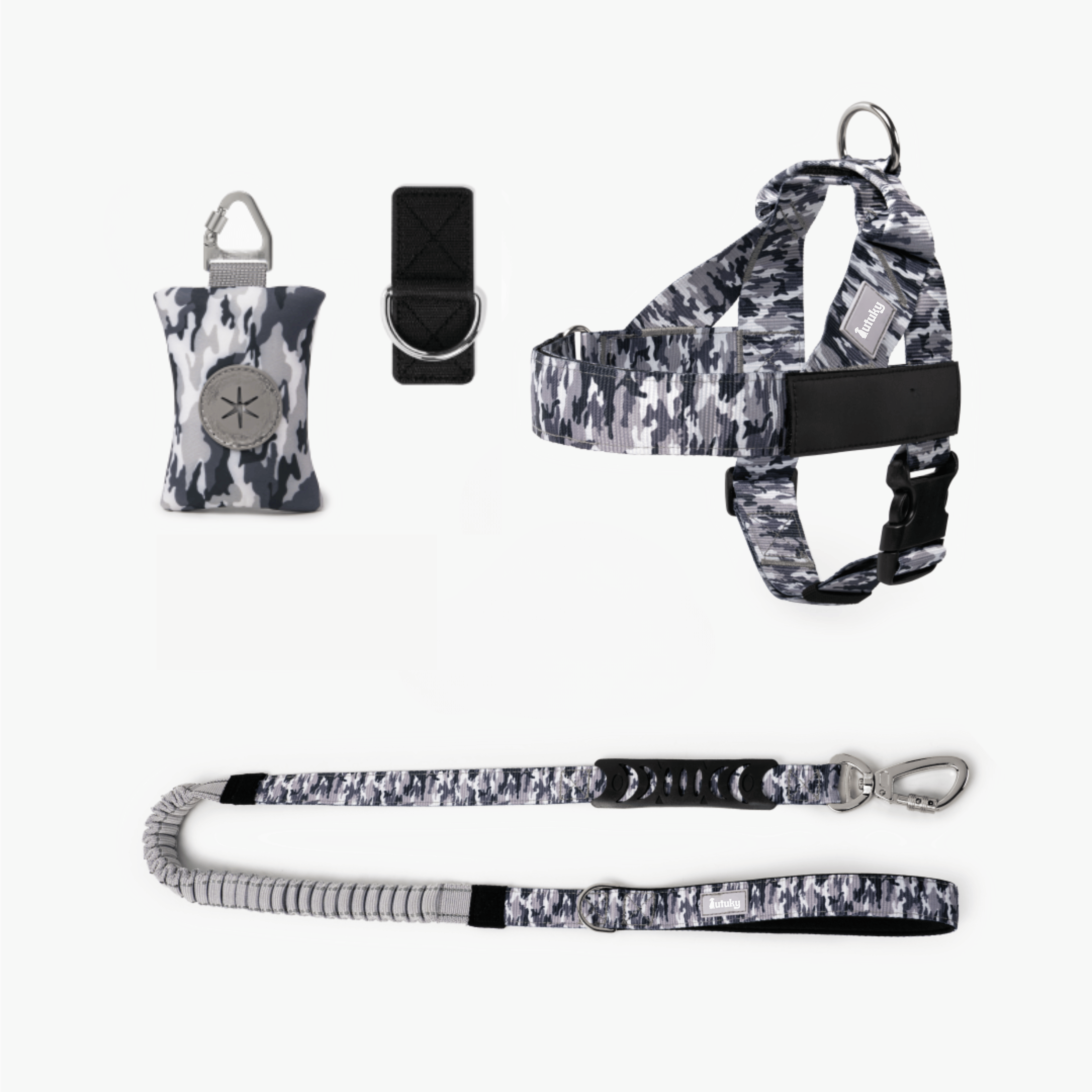 Dog harness, leash, and clip set with camouflage pattern on a white background