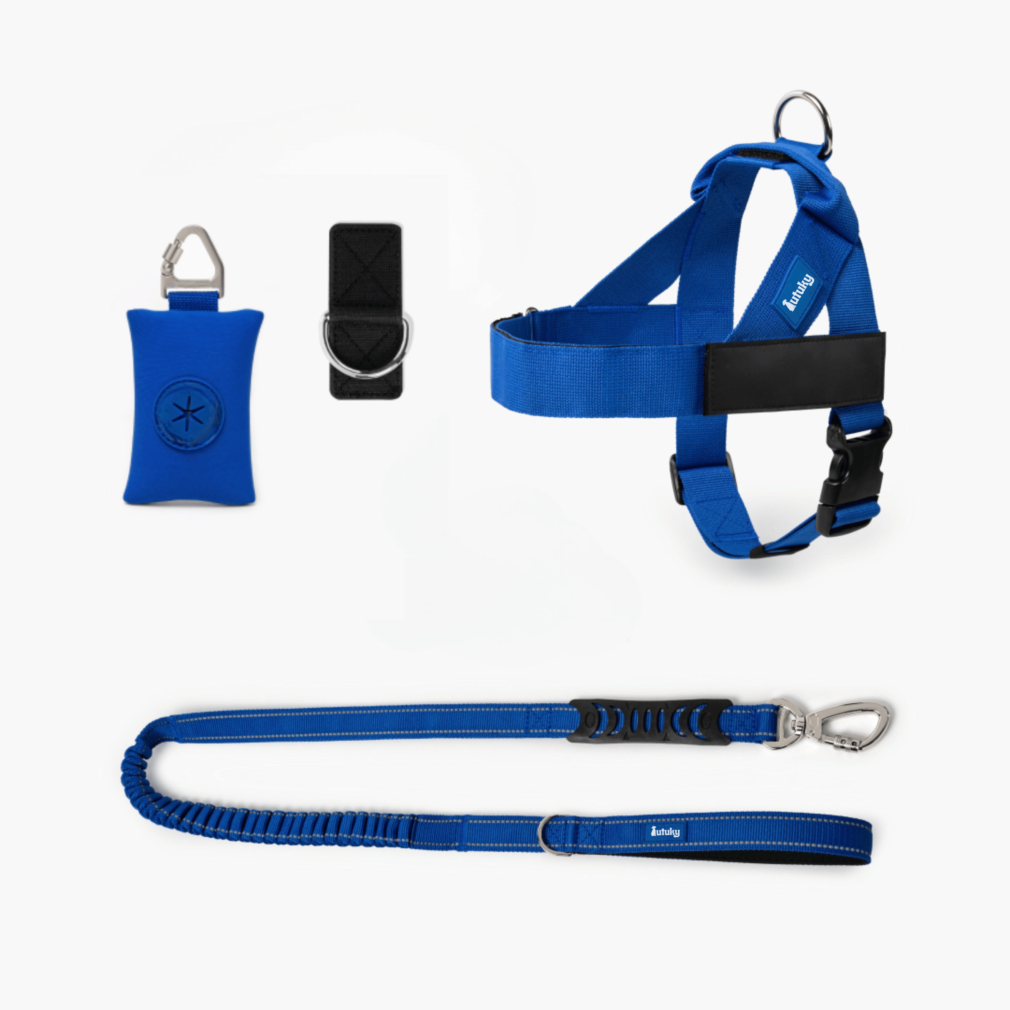Blue dog harness and leash set with additional accessories on a white background