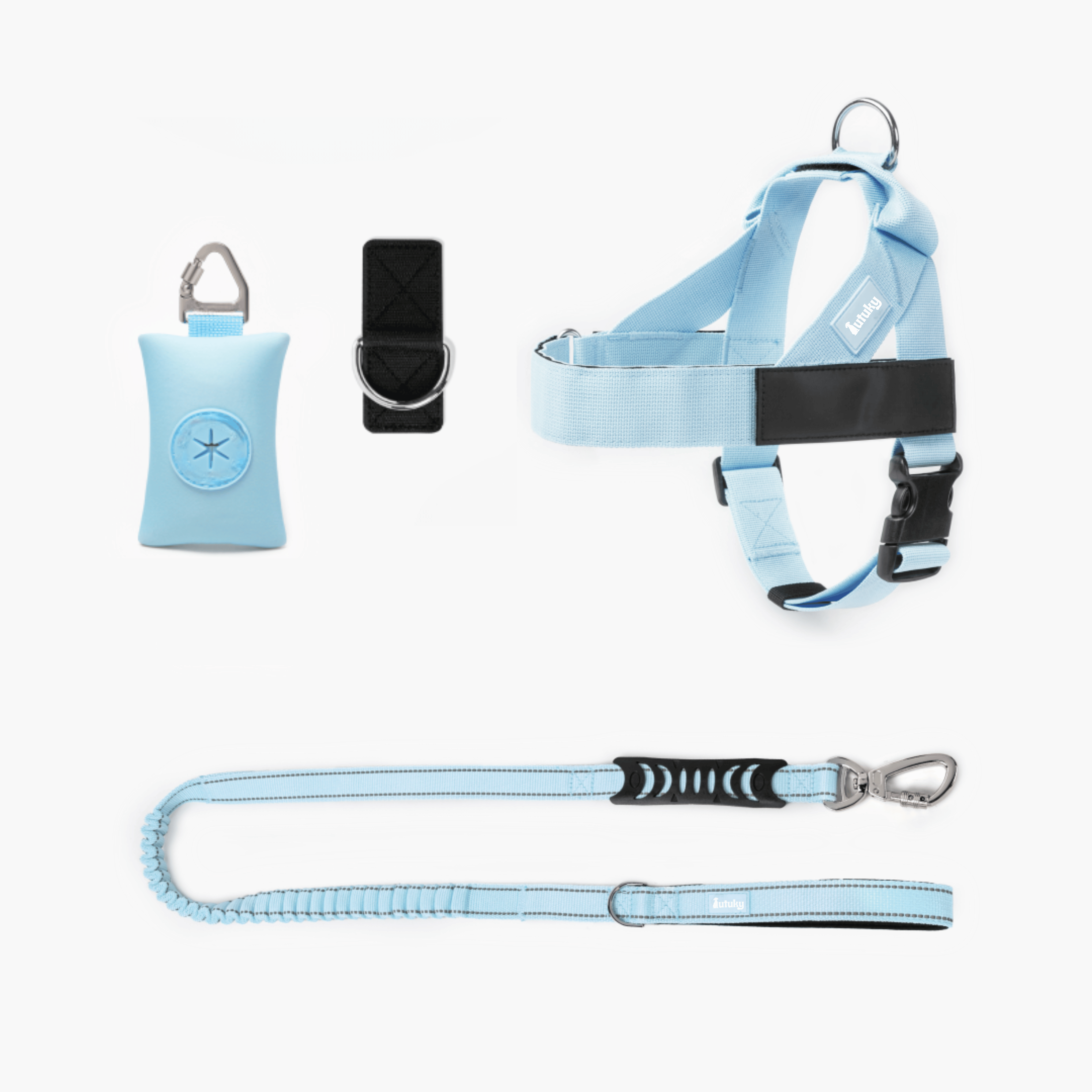 Dog harness, leash, and bag set with blue and black design on a white background