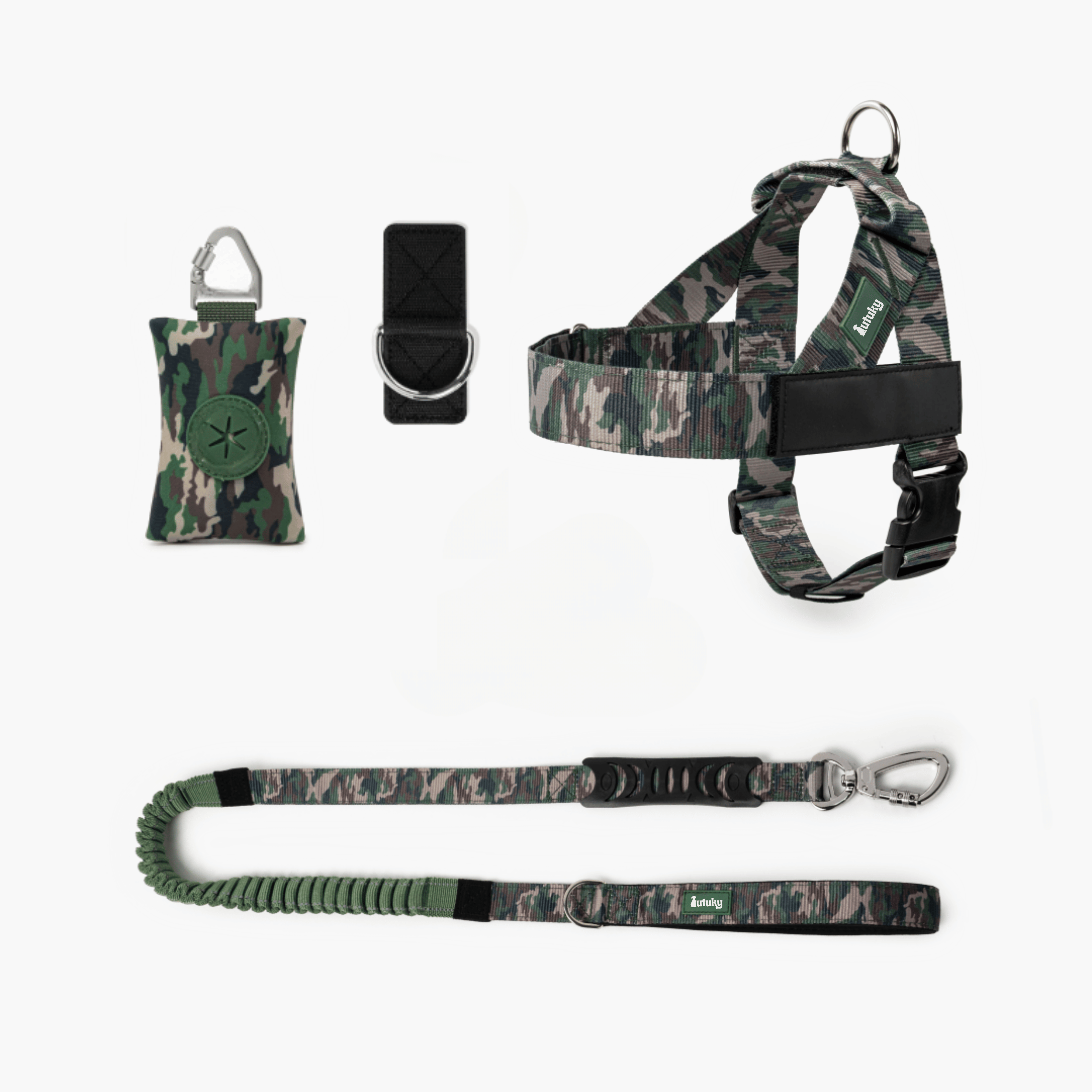 Camouflage dog harness, leash, and training clicker set on a white background