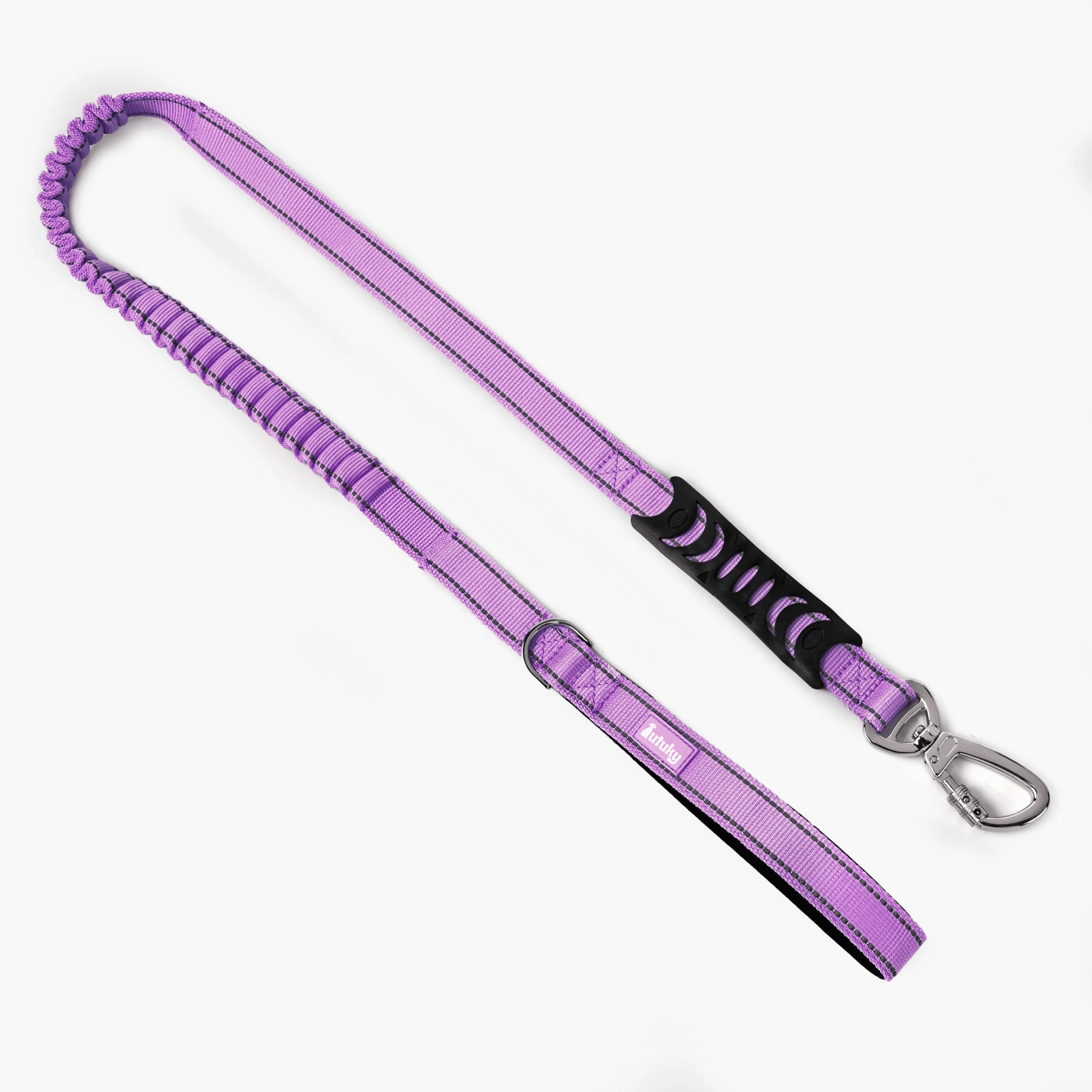 Purple dog leash with a metal clip on a white background