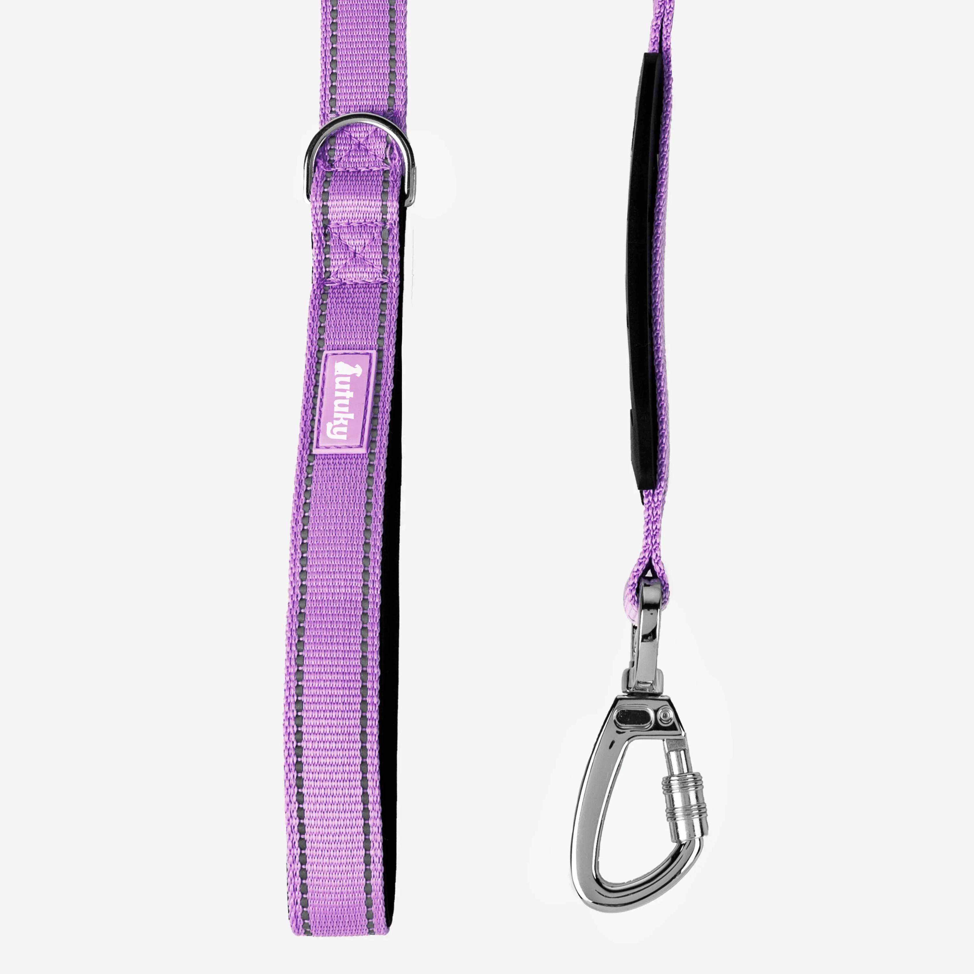 Purple dog leash with a metal carabiner on a white background