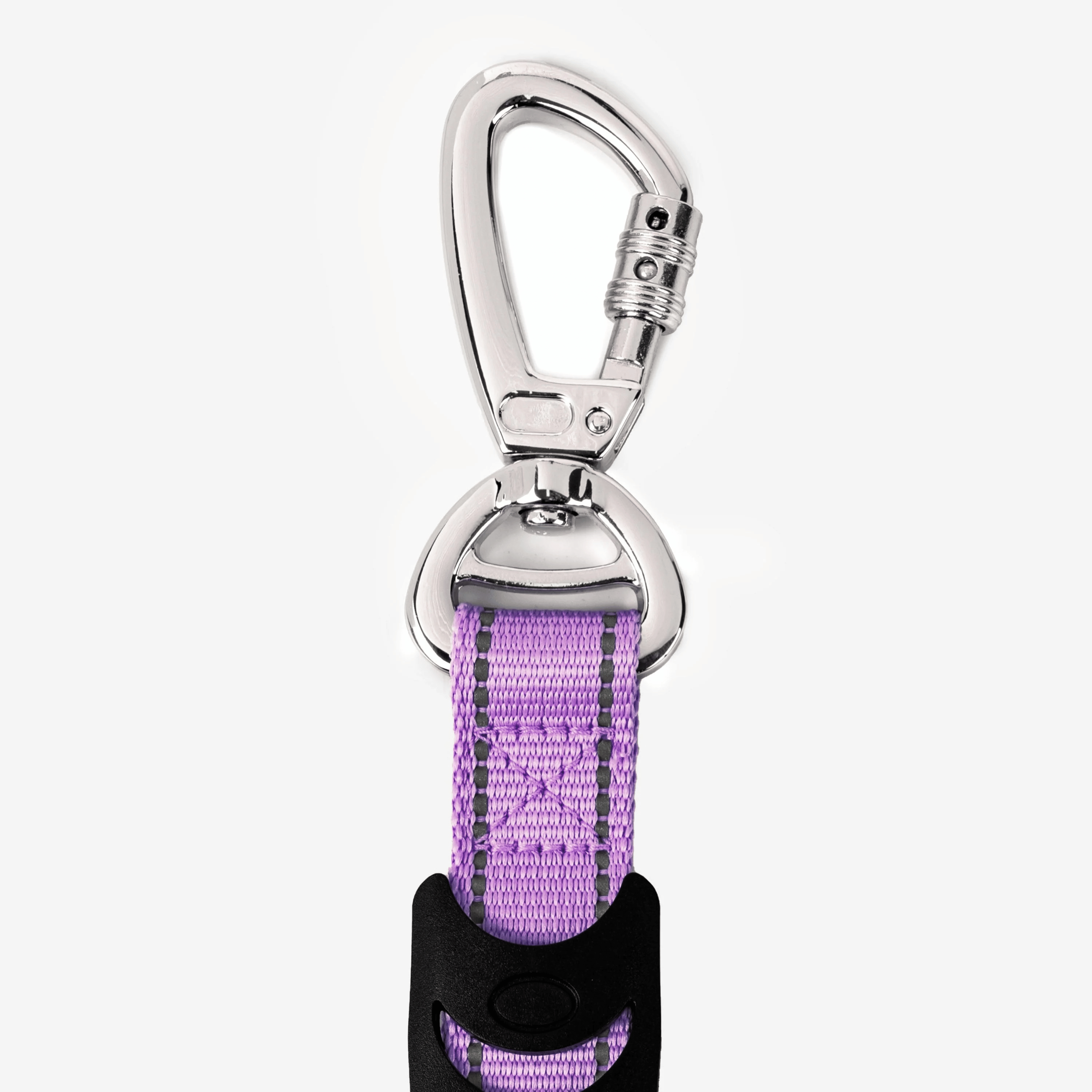Purple dog leash with a metal carabiner on a white background