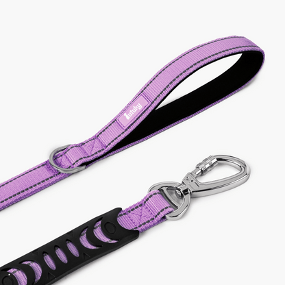Purple dog leash with black accents and a silver clip on a white background