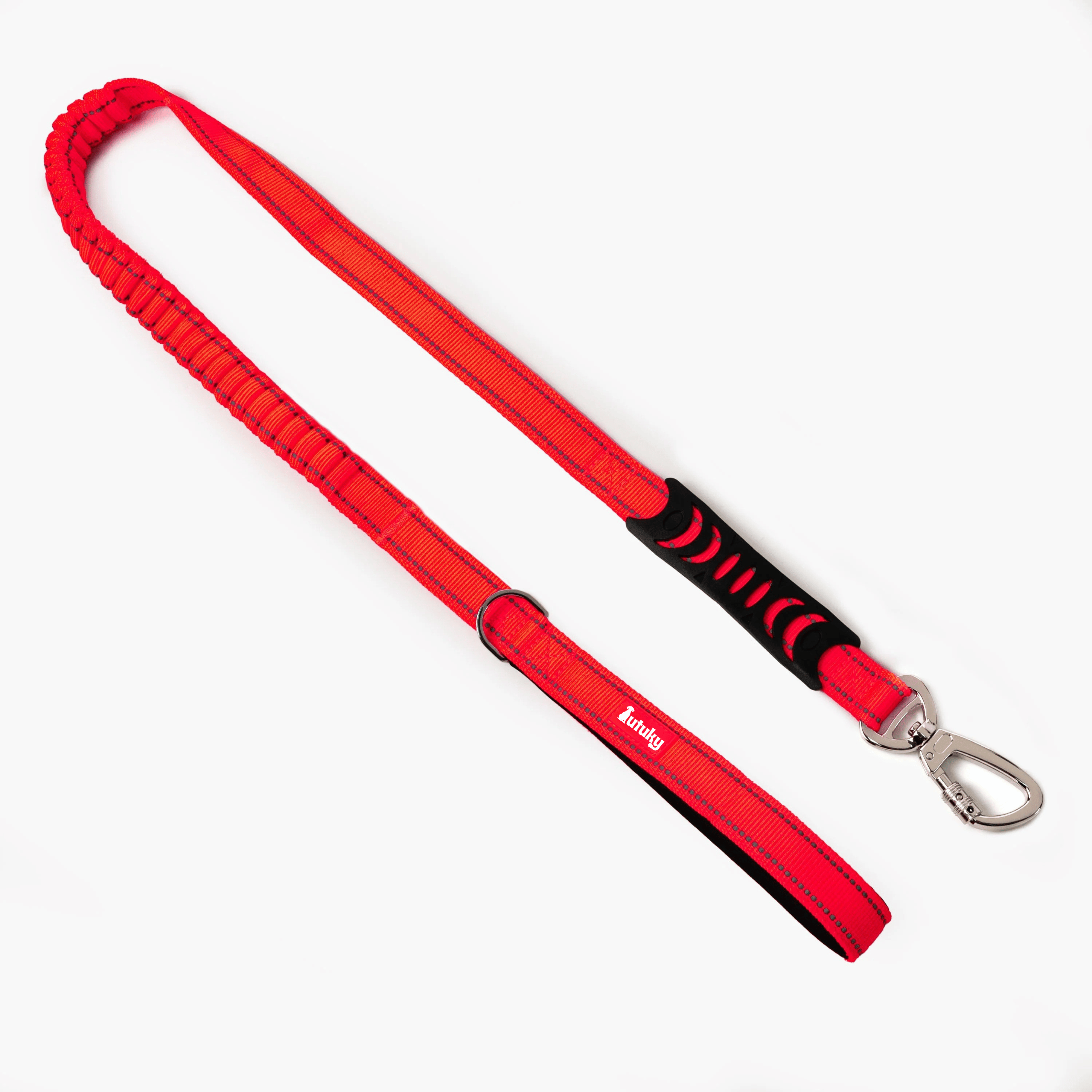 Red dog leash with black and silver hardware on a white background