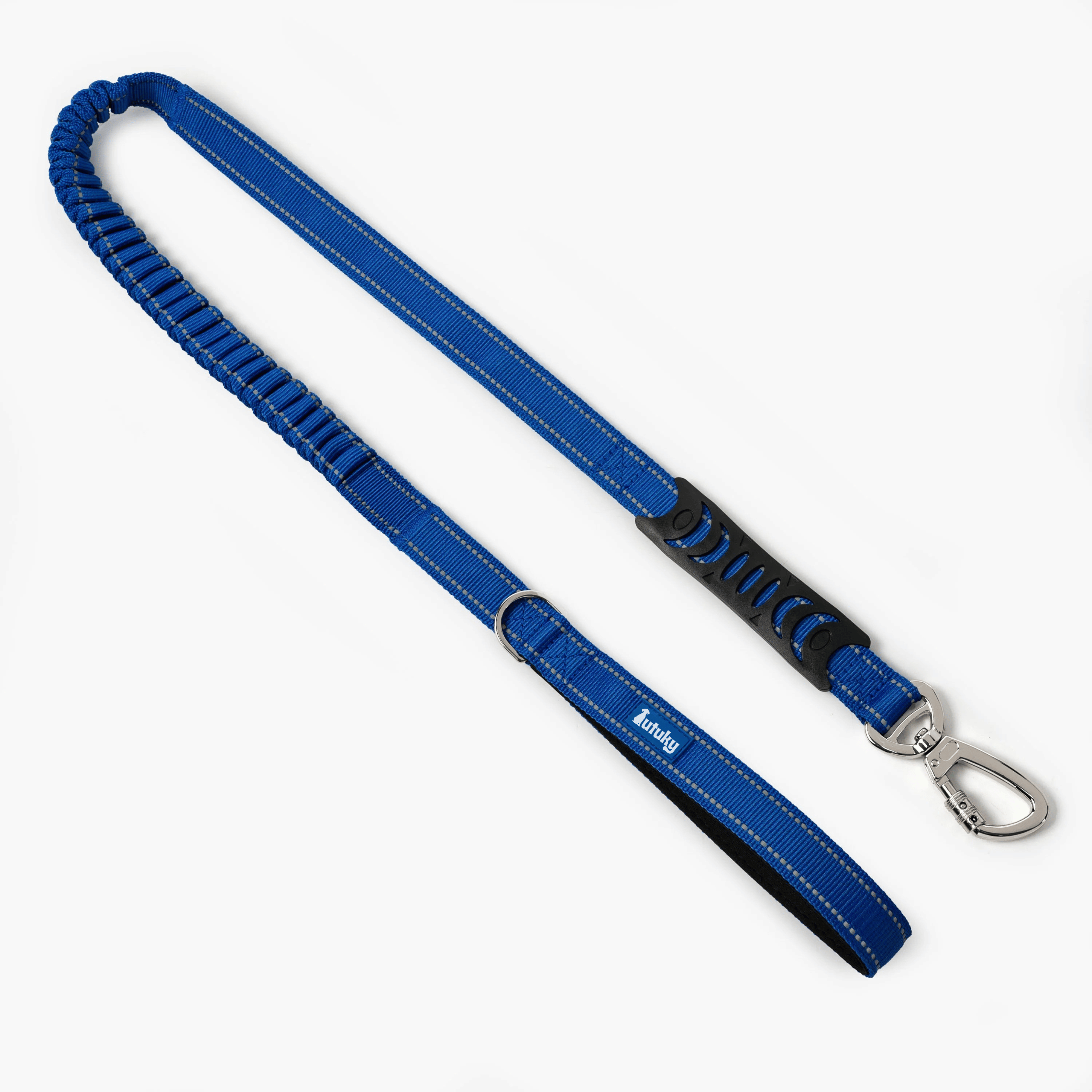 Blue dog leash with a metal clip on a white background