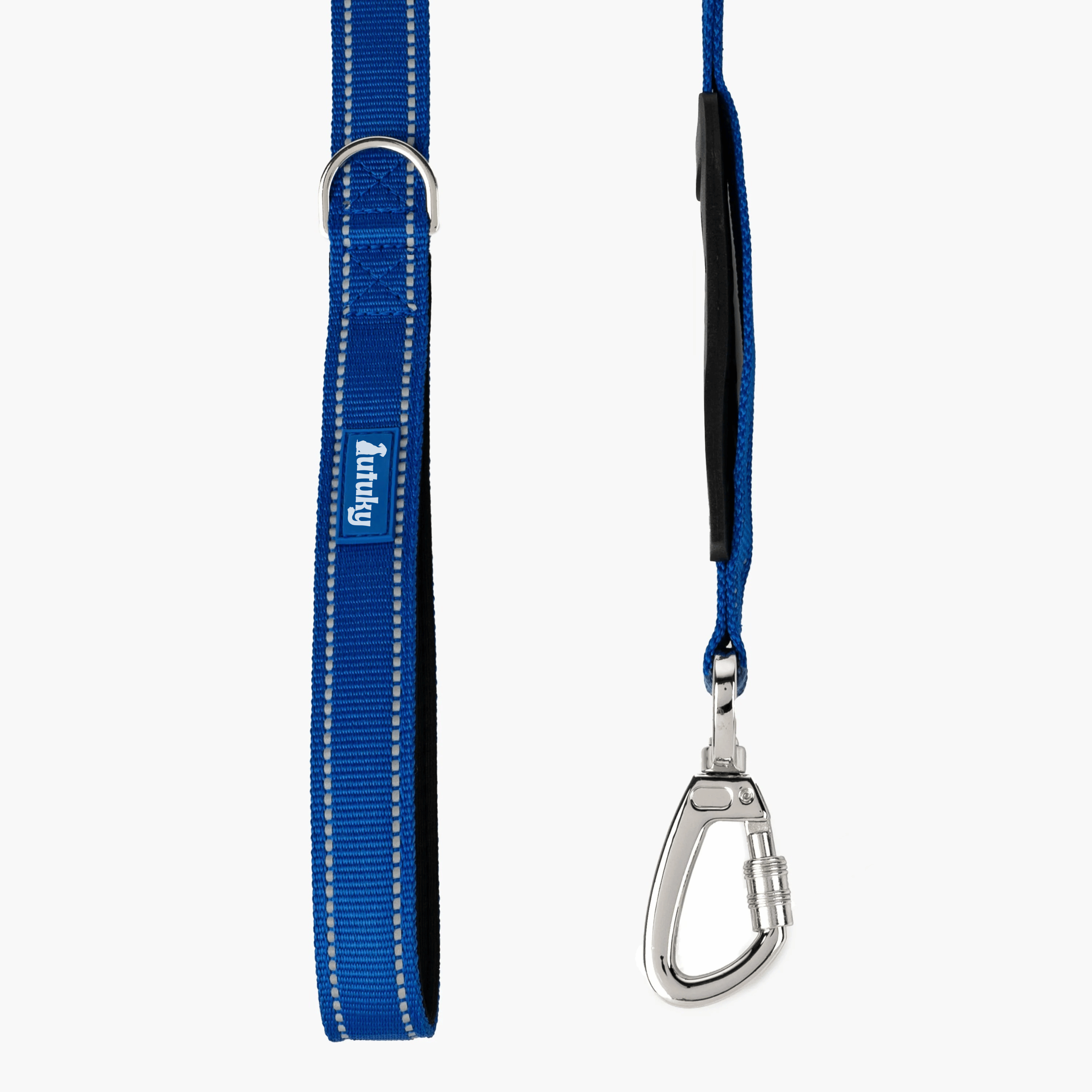 Blue dog leash with silver carabiner on a white background