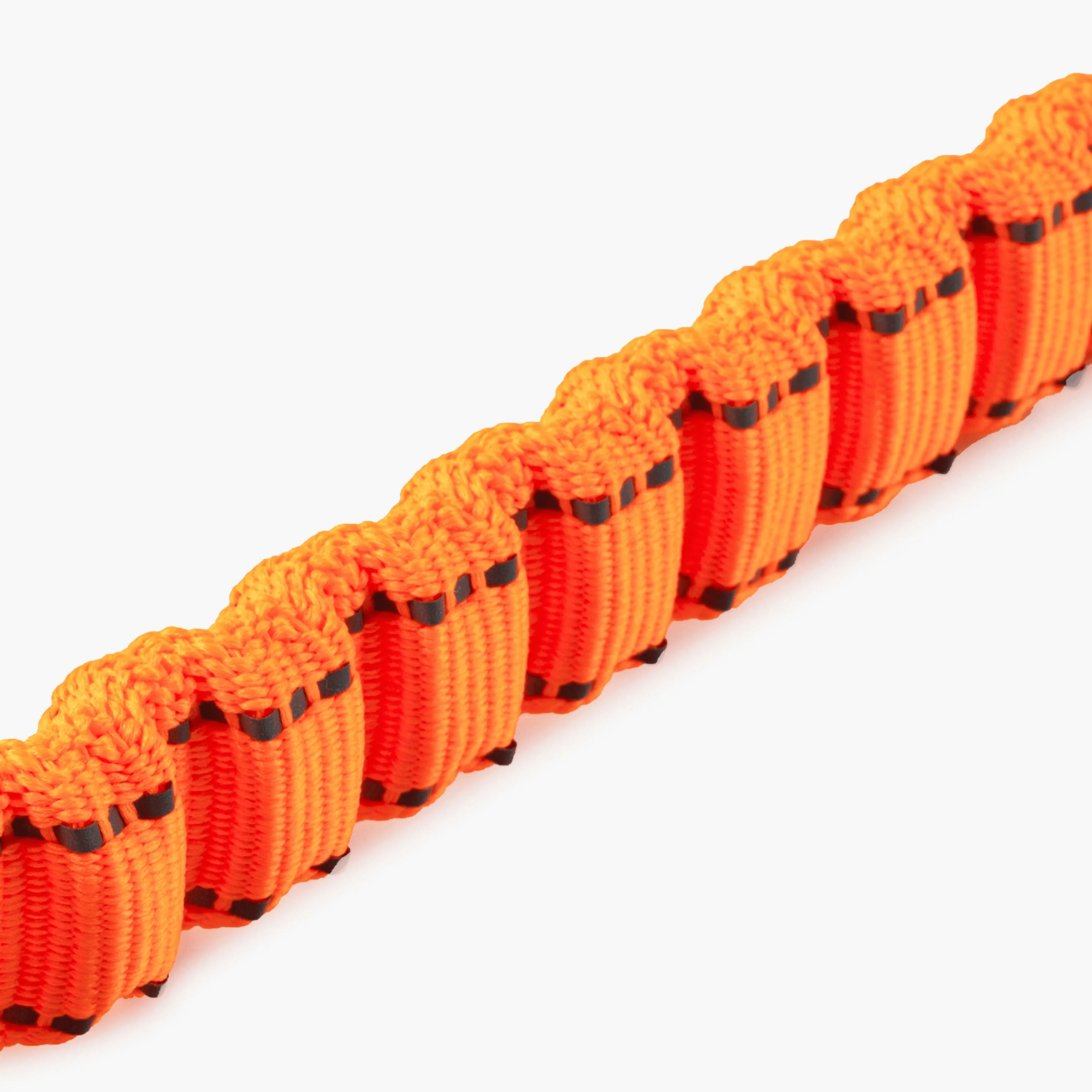 Orange dog leash with a black and orange handle on a white background