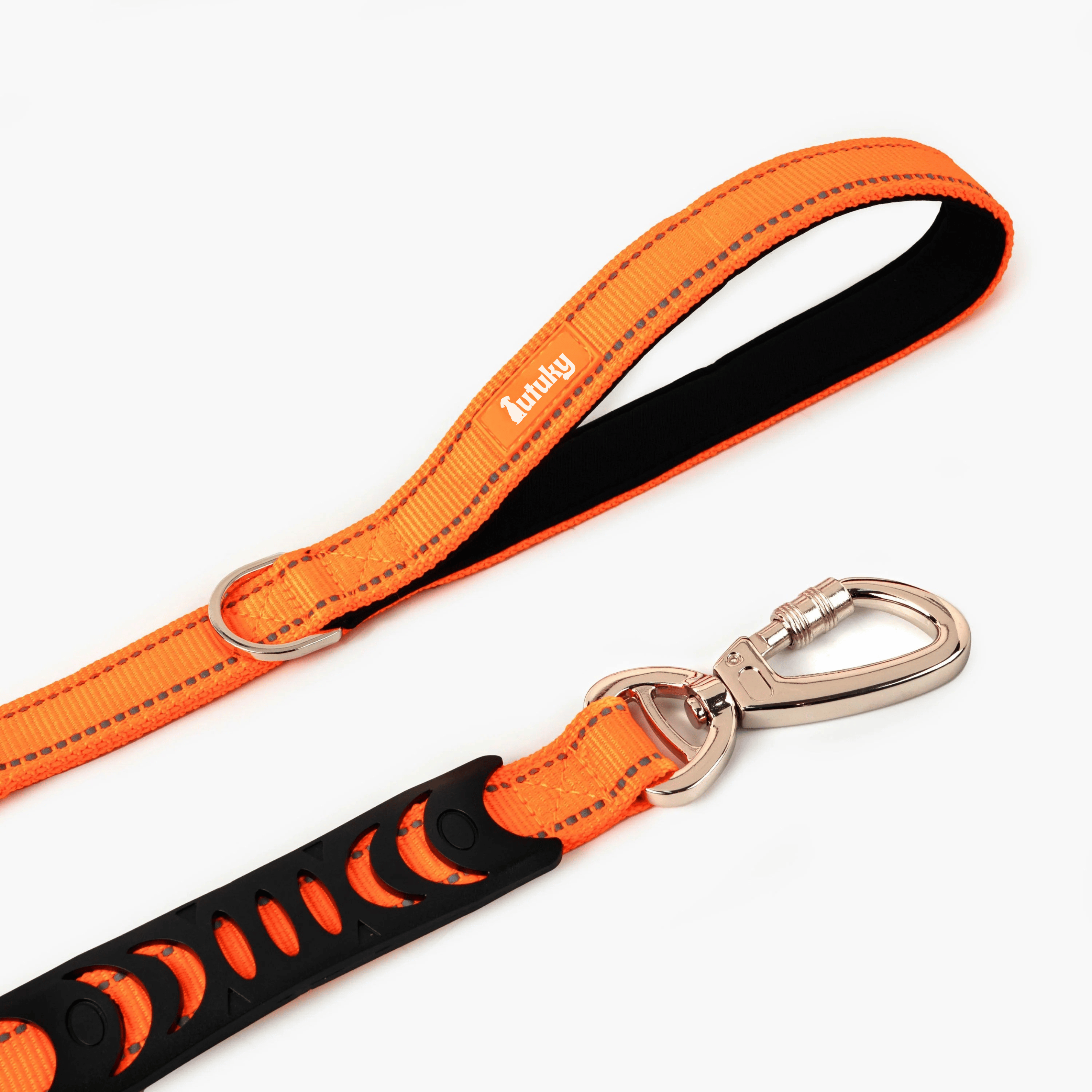 Orange dog leash with a black and orange handle on a white background